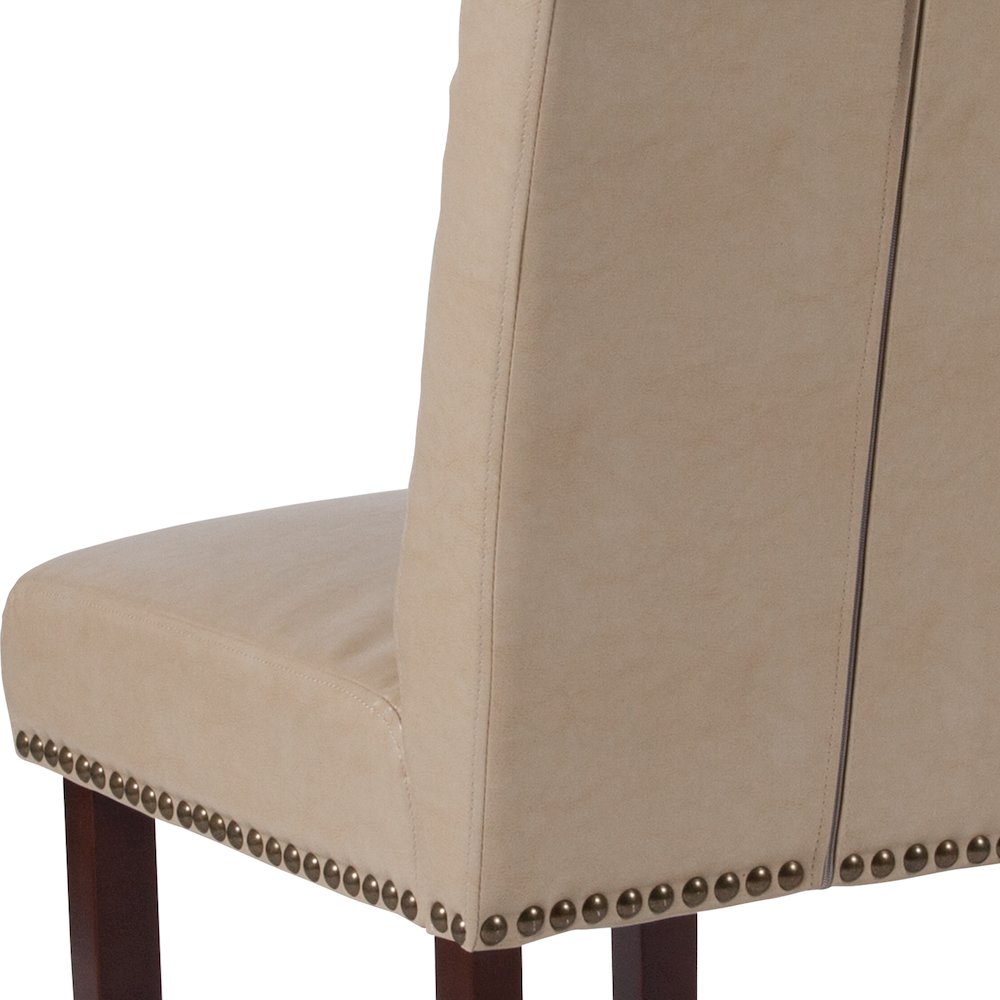 Beige Parsons Chair with Rolled Back, Accent Nail Trim and Walnut Finish