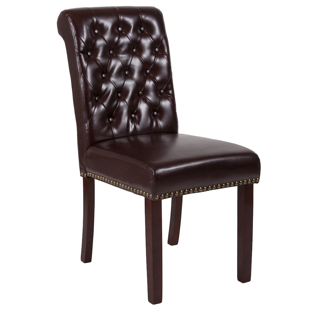 Brown LeatherSoft Tufted Parsons Chair with Rolled Back, Accent Nail Trim and Walnut Finish