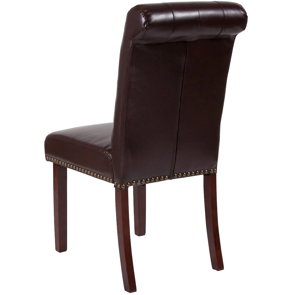 Brown LeatherSoft Tufted Parsons Chair with Rolled Back, Accent Nail Trim and Walnut Finish