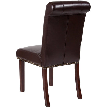 Brown LeatherSoft Tufted Parsons Chair with Rolled Back, Accent Nail Trim and Walnut Finish