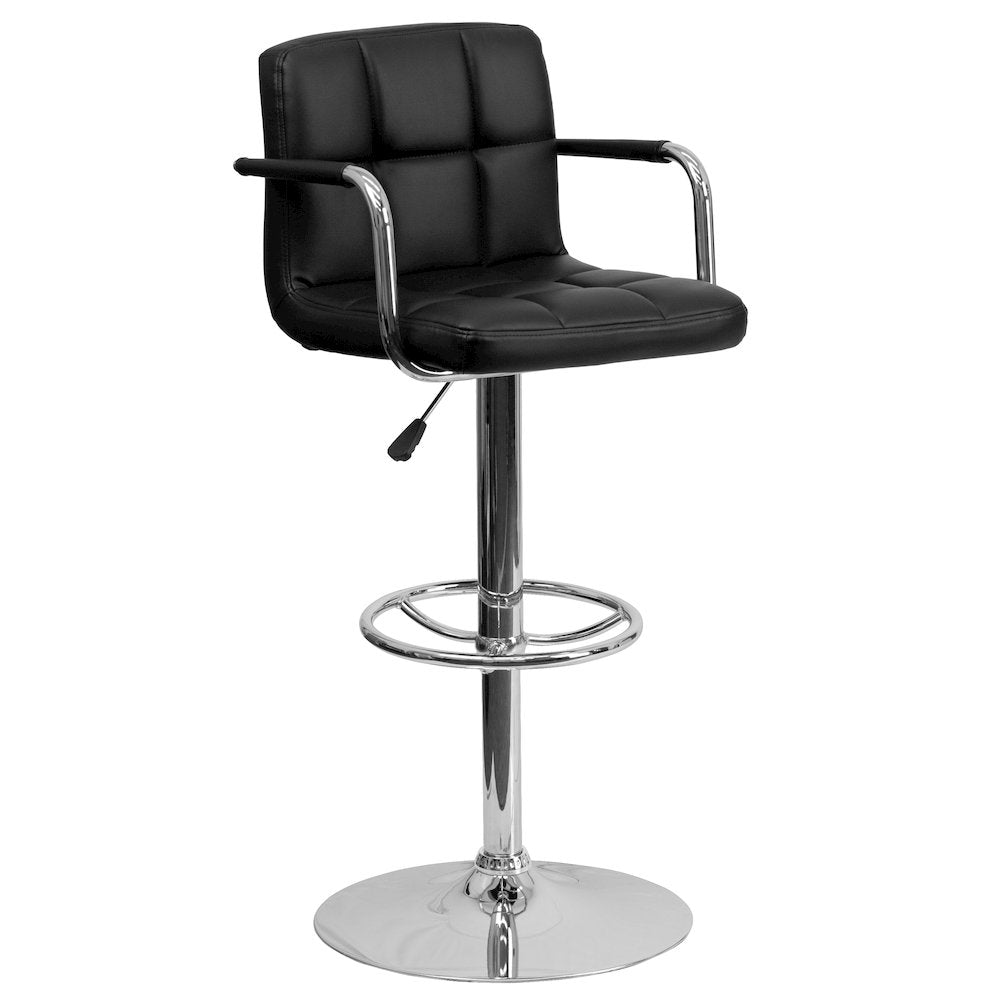 Contemporary Black Quilted Vinyl Adjustable Height Barstool with Arms and Chrome Base