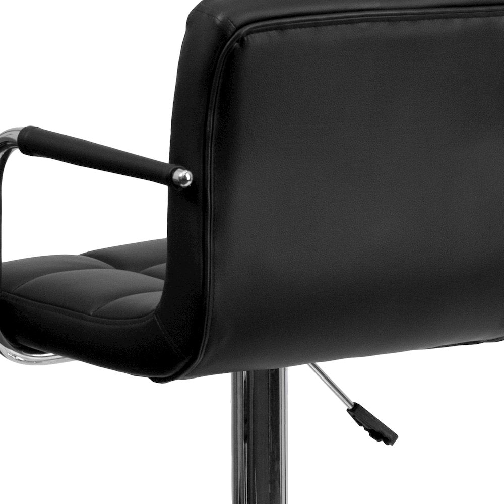 Contemporary Black Quilted Vinyl Adjustable Height Barstool with Arms and Chrome Base
