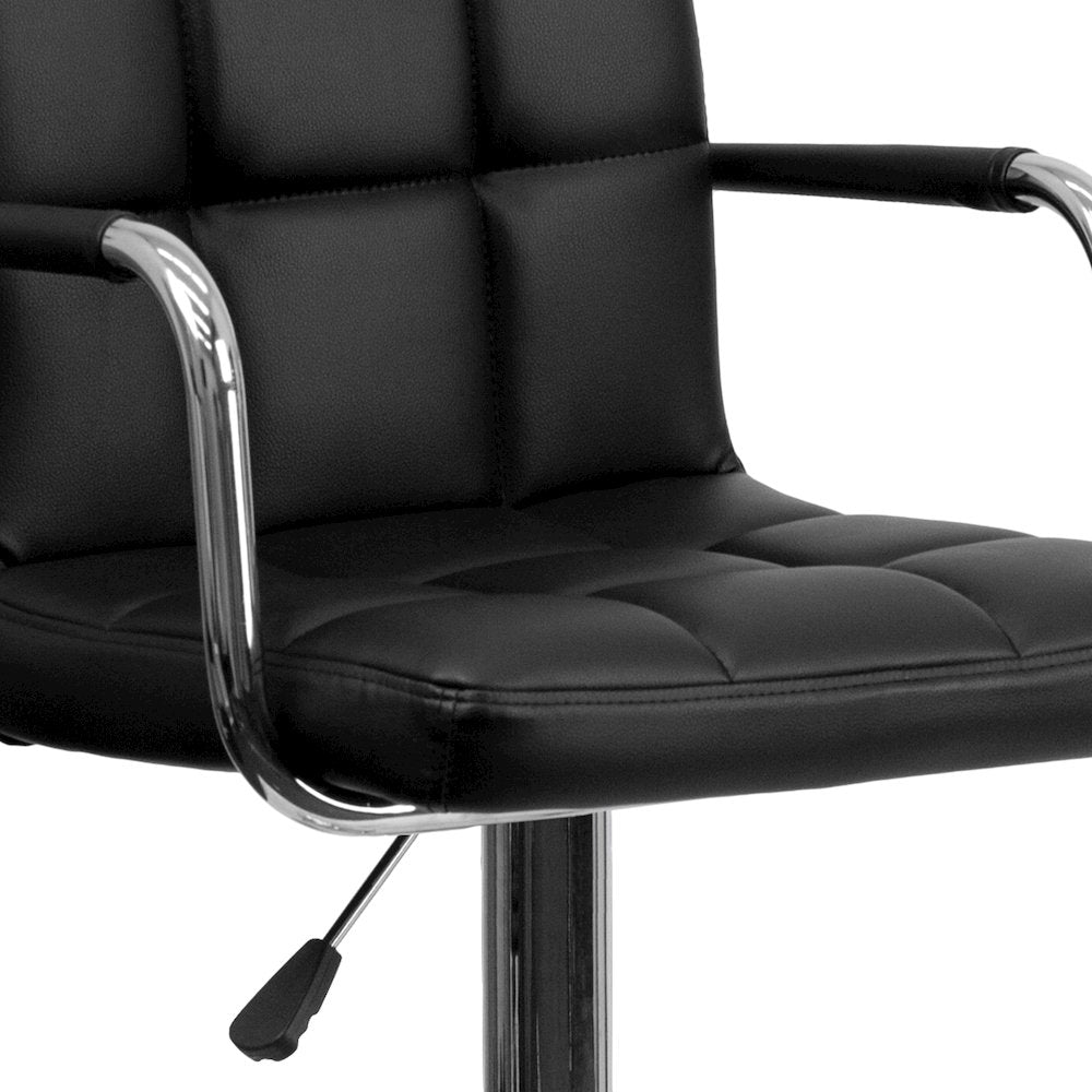 Contemporary Black Quilted Vinyl Adjustable Height Barstool with Arms and Chrome Base
