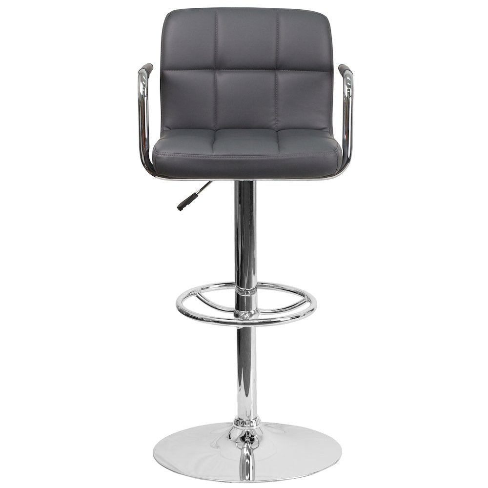 Contemporary Gray Quilted Vinyl Adjustable Height Barstool with Arms and Chrome Base