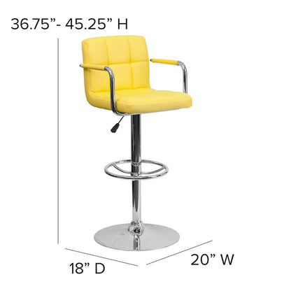 Yellow Quilted Vinyl Adjustable Height Barstool with Arms and Chrome Base