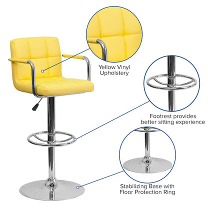 Yellow Quilted Vinyl Adjustable Height Barstool with Arms and Chrome Base