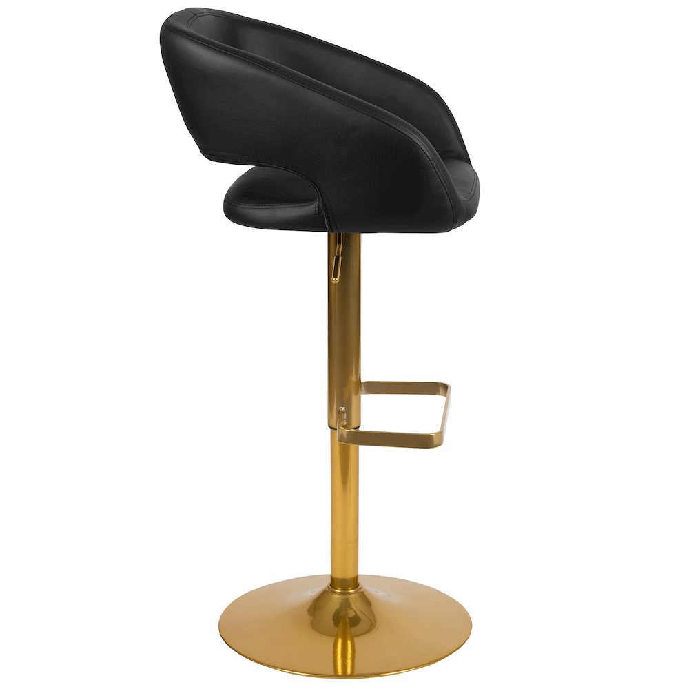 Black Vinyl Adjustable Height Barstool with Rounded Mid-Back and Gold Base