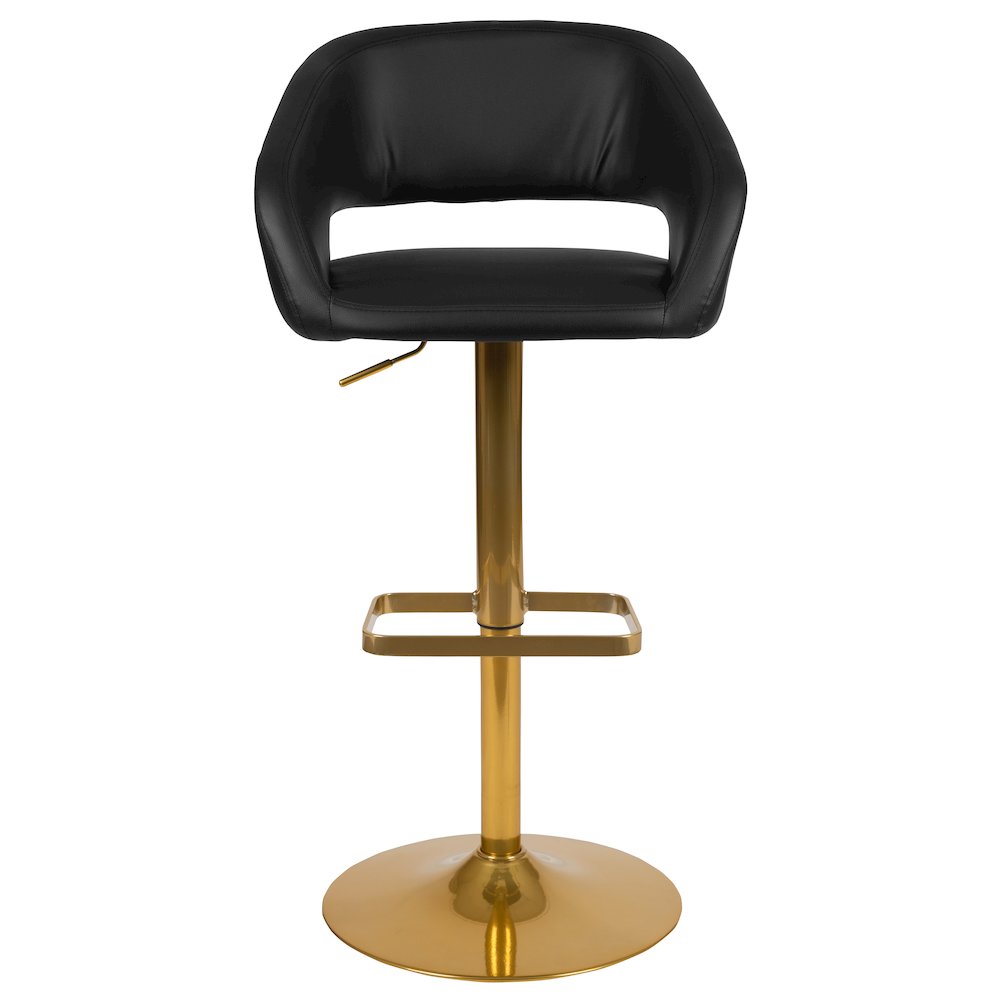 Black Vinyl Adjustable Height Barstool with Rounded Mid-Back and Gold Base