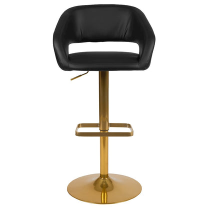 Black Vinyl Adjustable Height Barstool with Rounded Mid-Back and Gold Base