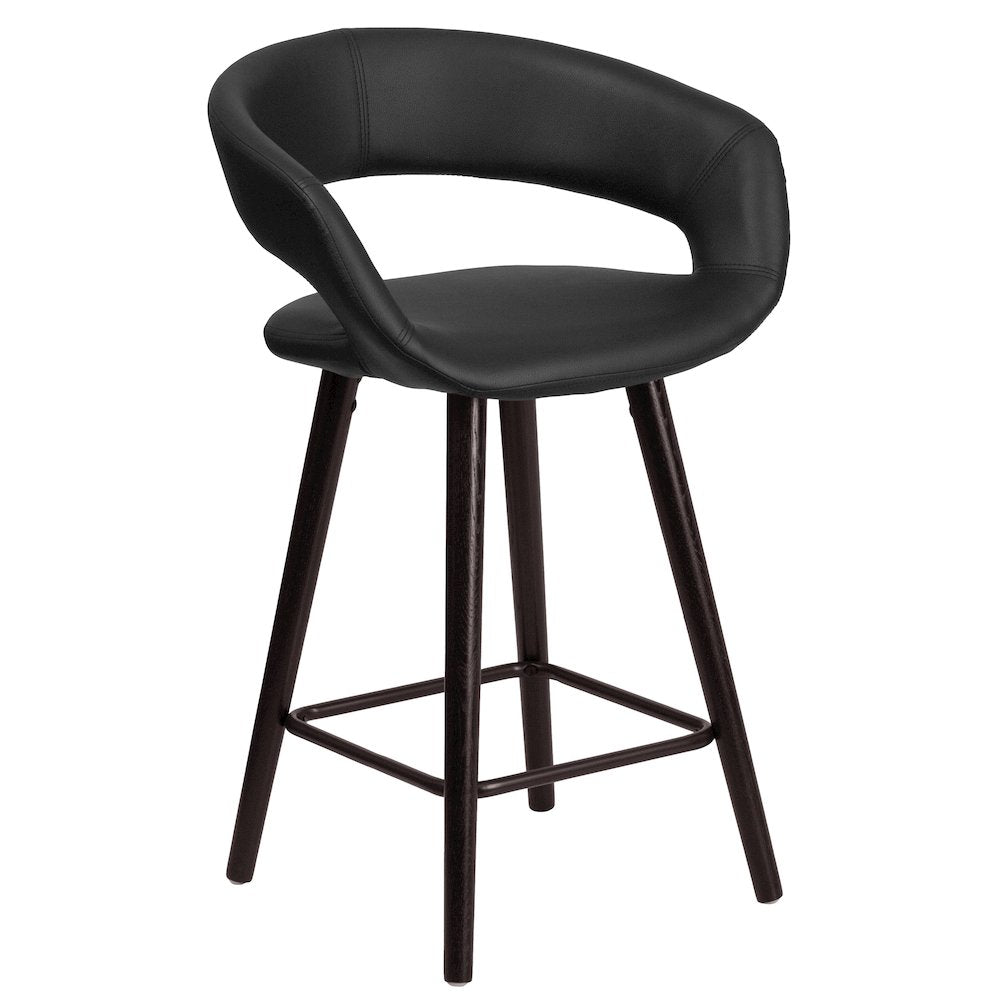 24'' High Contemporary Cappuccino Wood Rounded Open Back Counter Height Stool in Black Vinyl