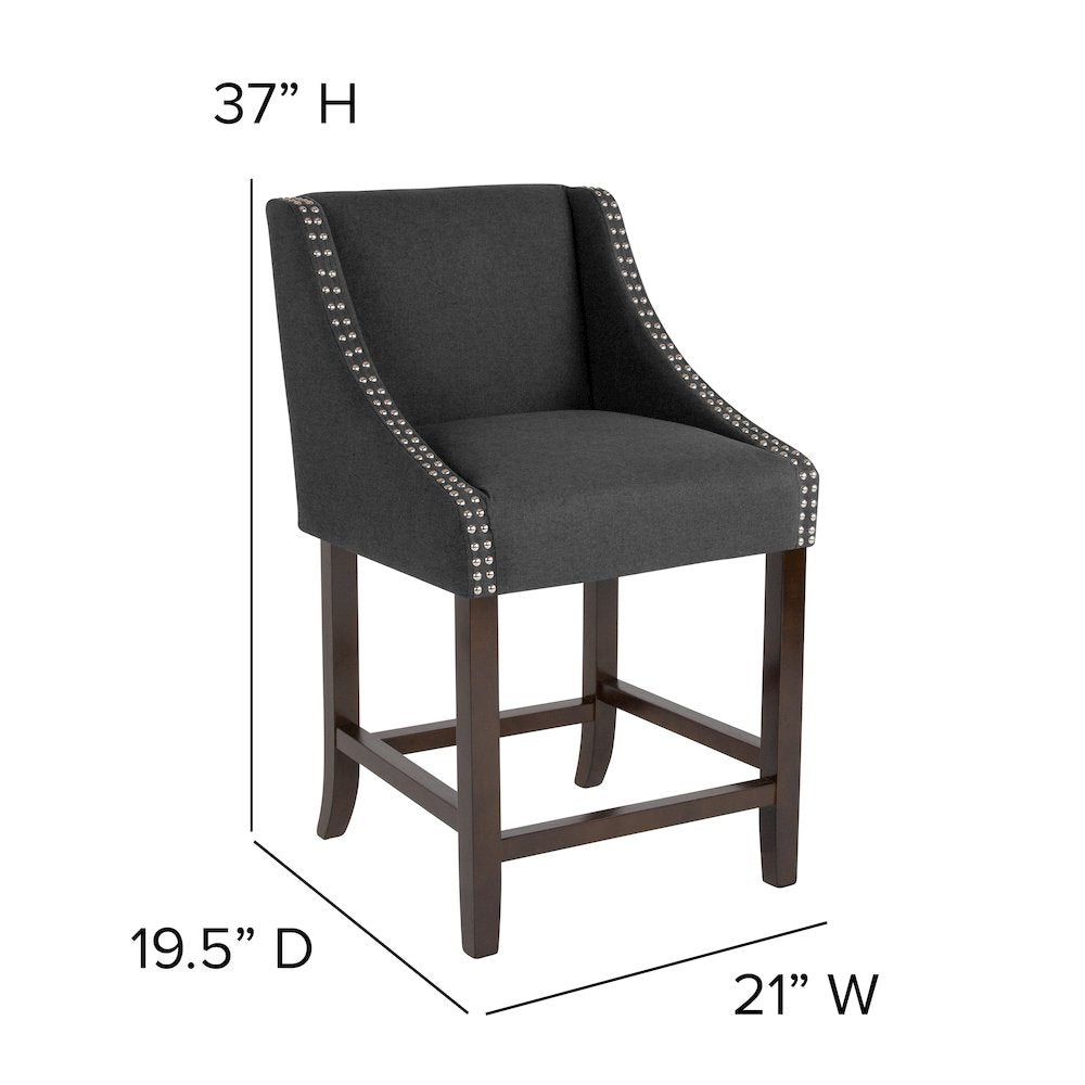 24" High Walnut Counter Height Stool with Accent Nail Trim in Charcoal Fabric