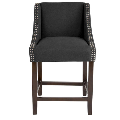 24" High Walnut Counter Height Stool with Accent Nail Trim in Charcoal Fabric