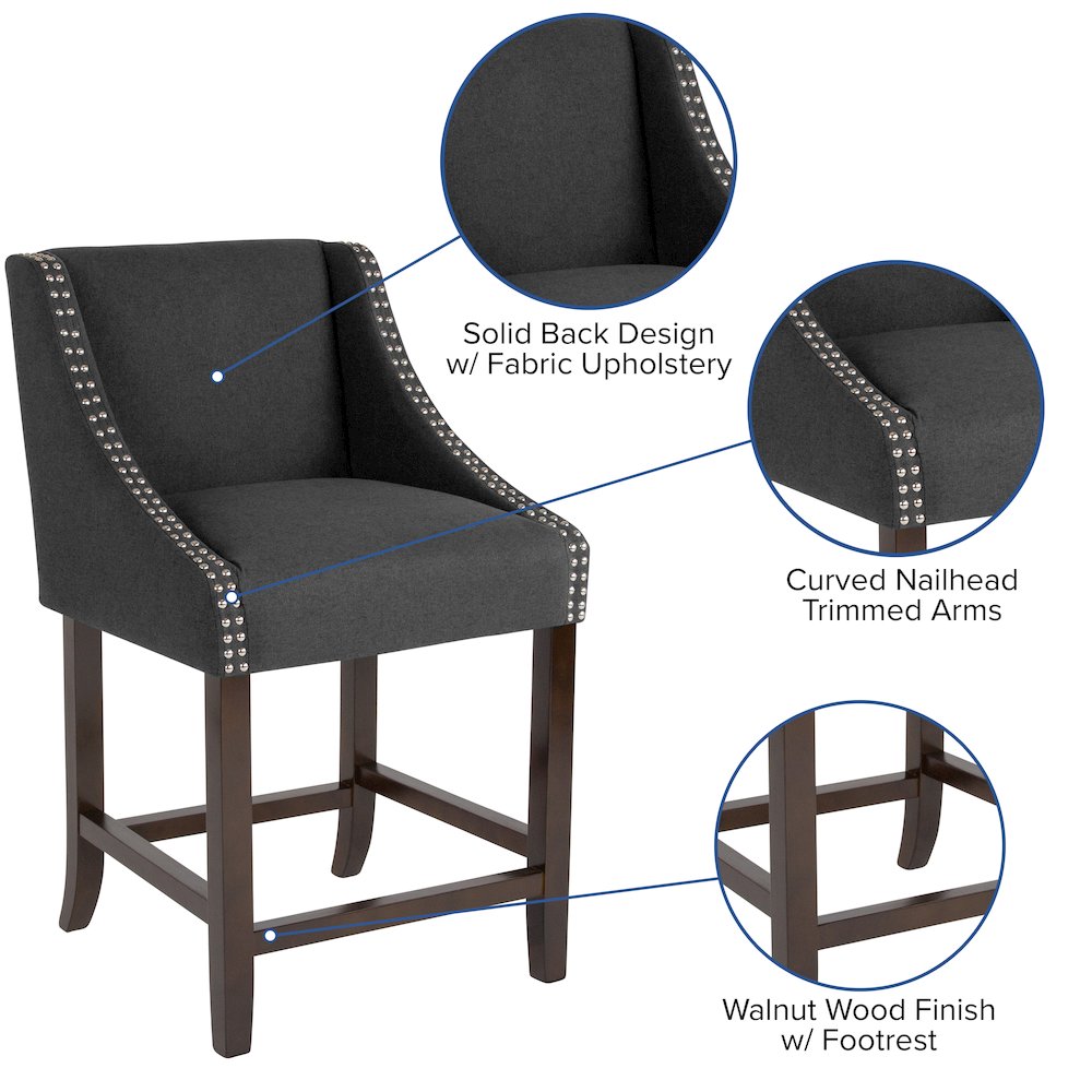 24" High Walnut Counter Height Stool with Accent Nail Trim in Charcoal Fabric