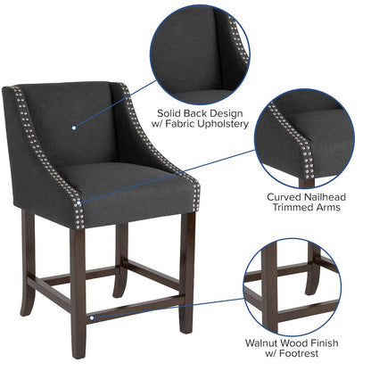 24" High Walnut Counter Height Stool with Accent Nail Trim in Charcoal Fabric