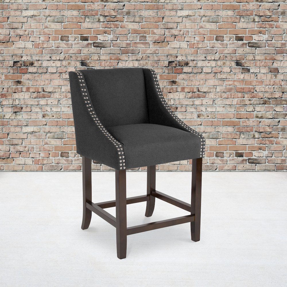 24" High Walnut Counter Height Stool with Accent Nail Trim in Charcoal Fabric