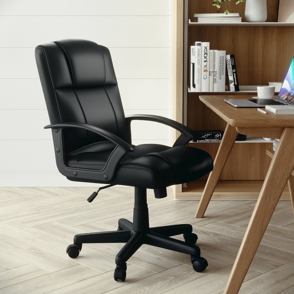 Flash Fundamentals Mid-Back Black LeatherSoft-Padded Task Office Chair with Arms