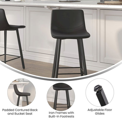 Armless 24 Inch Counter Height Stools with Footrests in Black, Set of 2