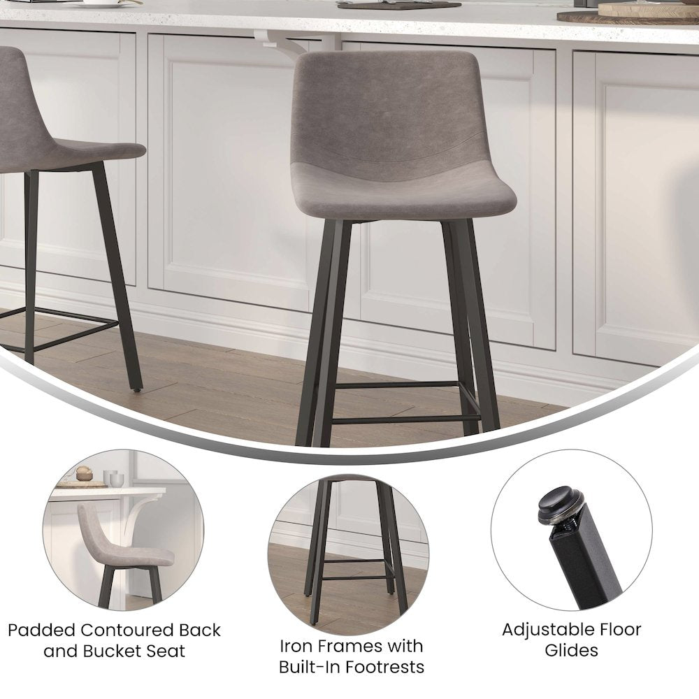 Armless 24 Inch Counter Height Stools with Footrests in Gray, Set of 2