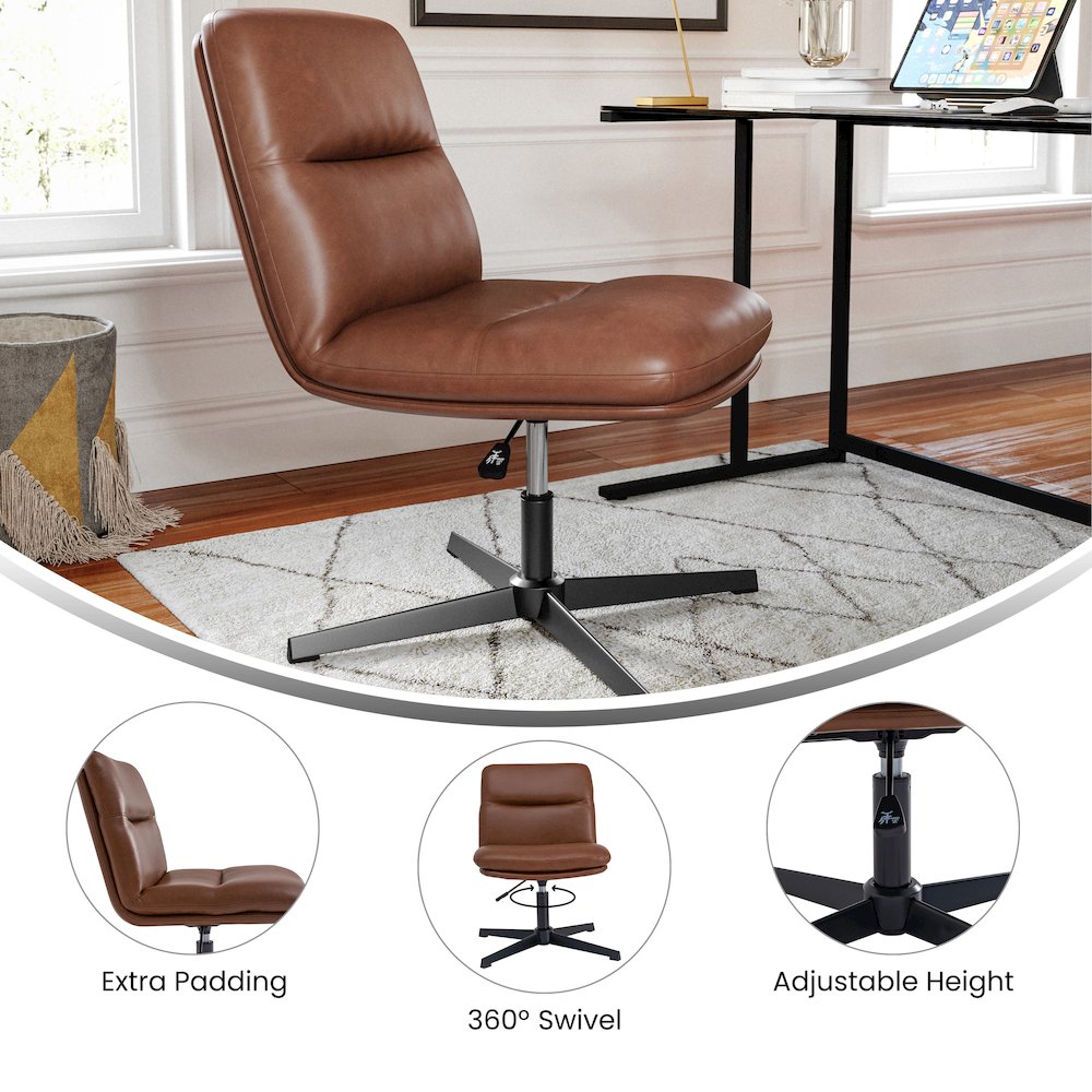 Cognac Padded LeatherSoft Armless Stationary Task Office Chair, Black Frame