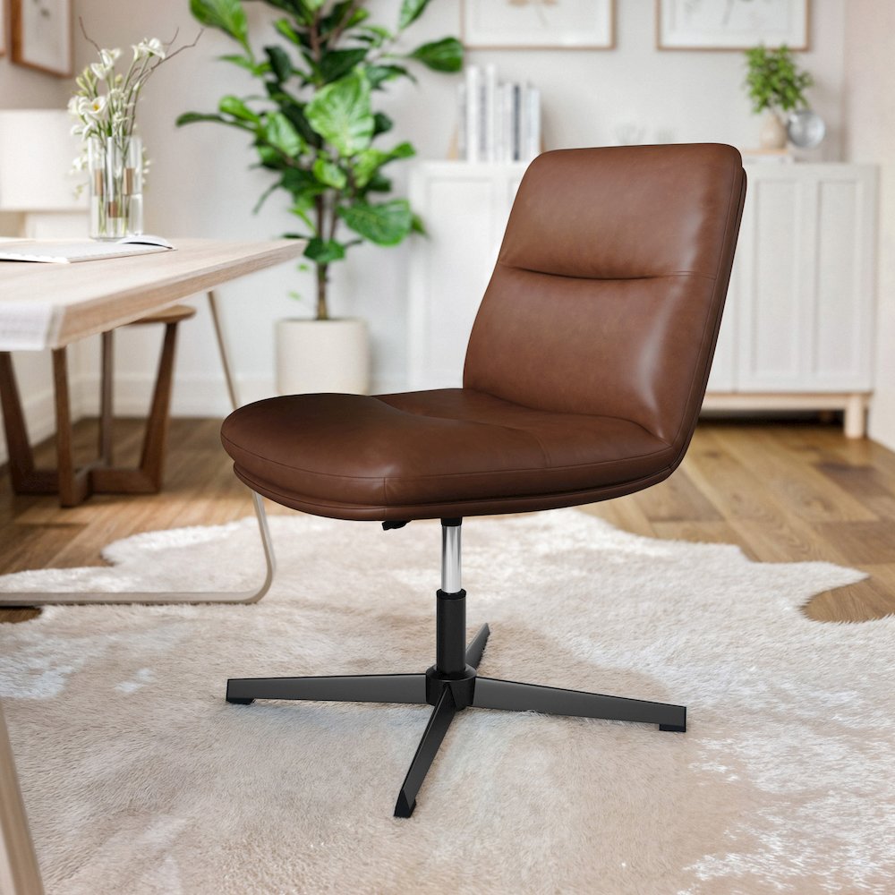 Cognac Padded LeatherSoft Armless Stationary Task Office Chair, Black Frame