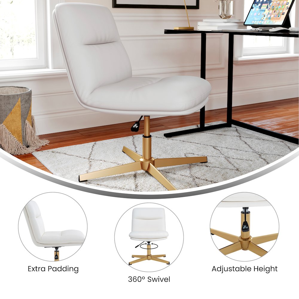 White Padded LeatherSoft Armless Stationary Task Office Chair, Gold Frame