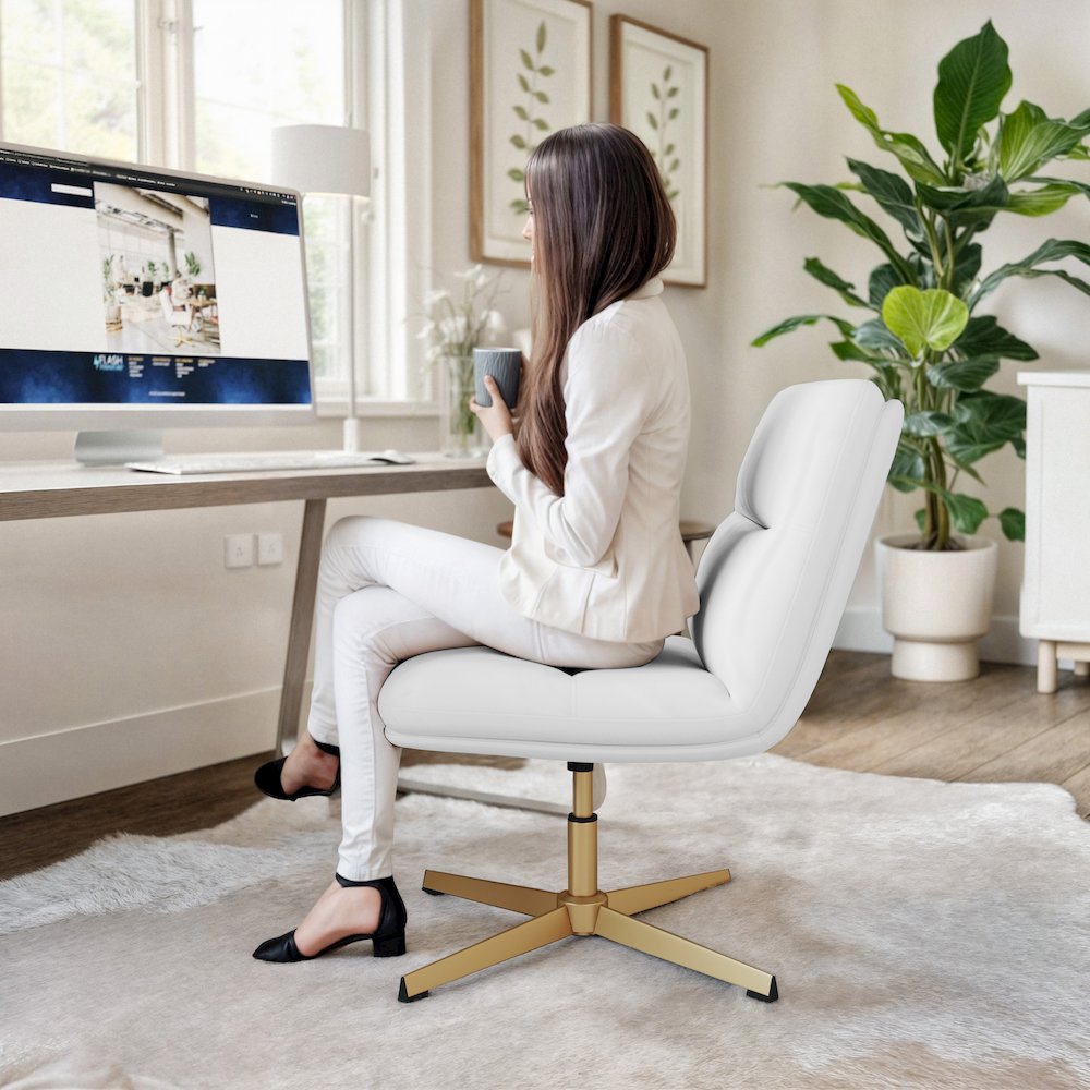 White Padded LeatherSoft Armless Stationary Task Office Chair, Gold Frame