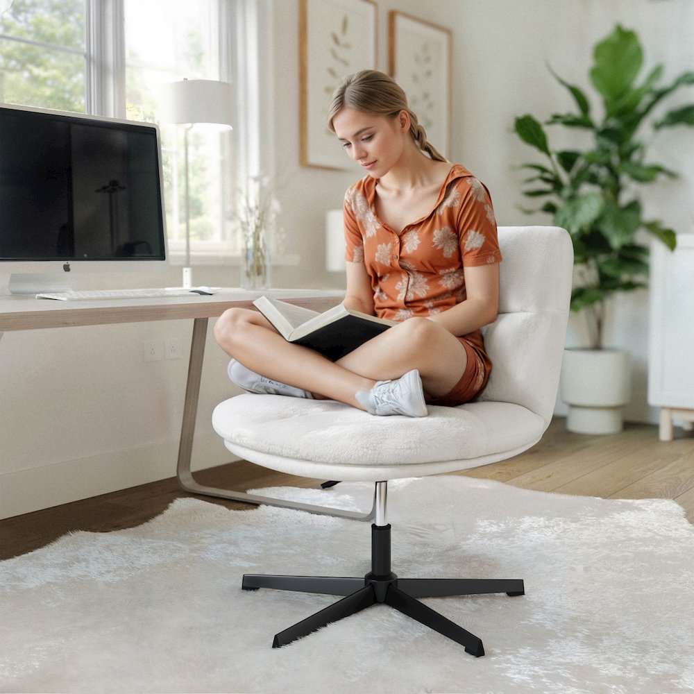 Cream Padded Faux Shearling Armless Stationary Task Office Chair, Black Frame