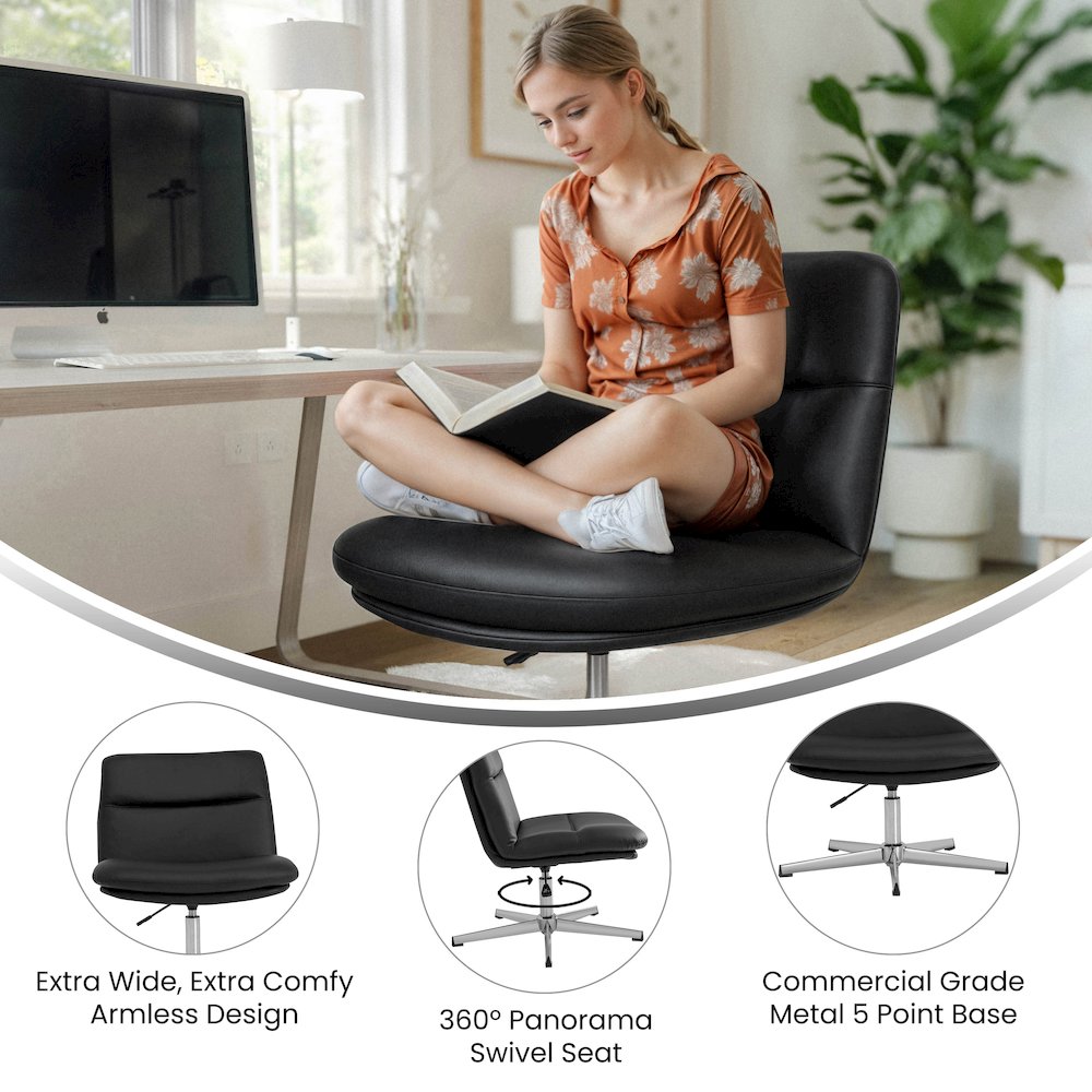Black Padded LeatherSoft Armless Stationary Task Office Chair, Chrome Frame