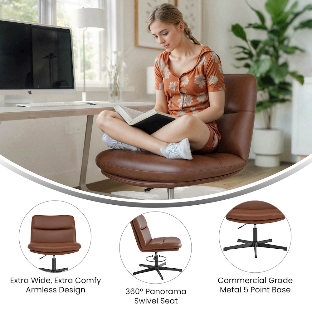 Cognac Padded LeatherSoft Armless Stationary Task Office Chair, Black Frame