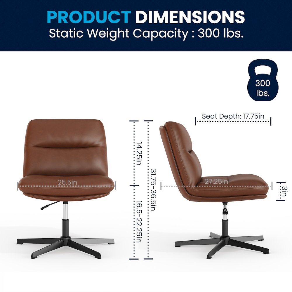 Cognac Padded LeatherSoft Armless Stationary Task Office Chair, Black Frame