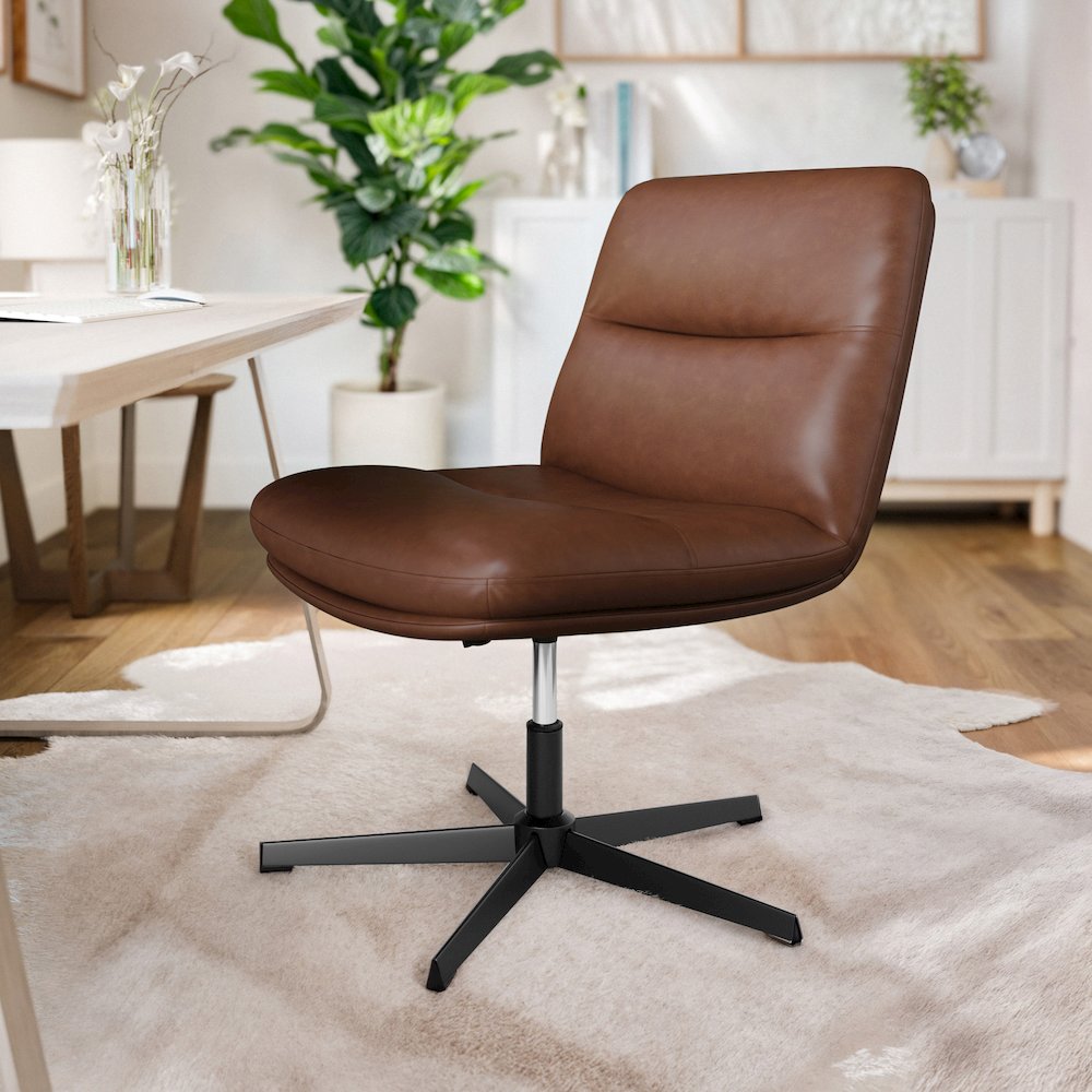 Cognac Padded LeatherSoft Armless Stationary Task Office Chair, Black Frame