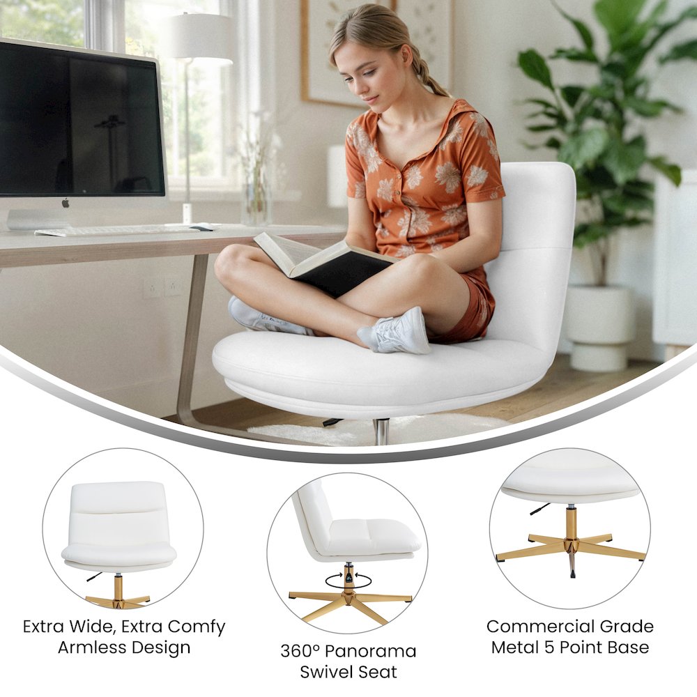 White Padded LeatherSoft Armless Stationary Task Office Chair, Gold Frame