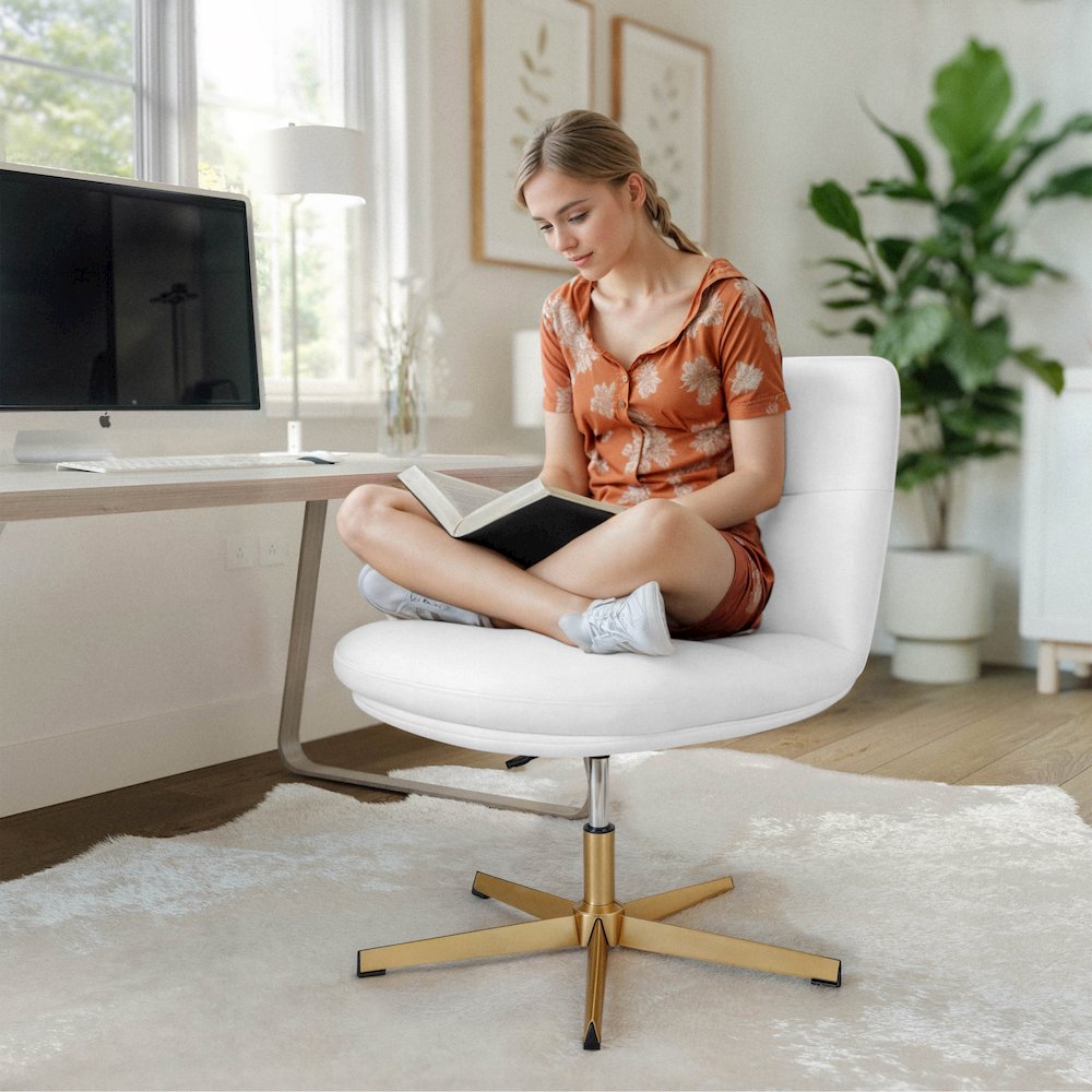White Padded LeatherSoft Armless Stationary Task Office Chair, Gold Frame