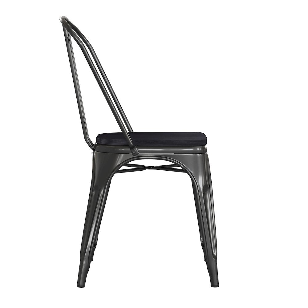 Black Metal Indoor-Outdoor Stackable Chair with Black Poly Resin Wood Seat