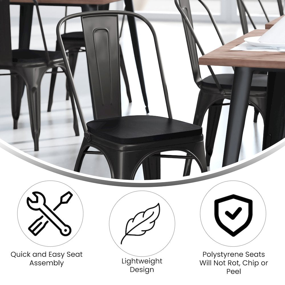 Black Metal Indoor-Outdoor Stackable Chair with Black Poly Resin Wood Seat