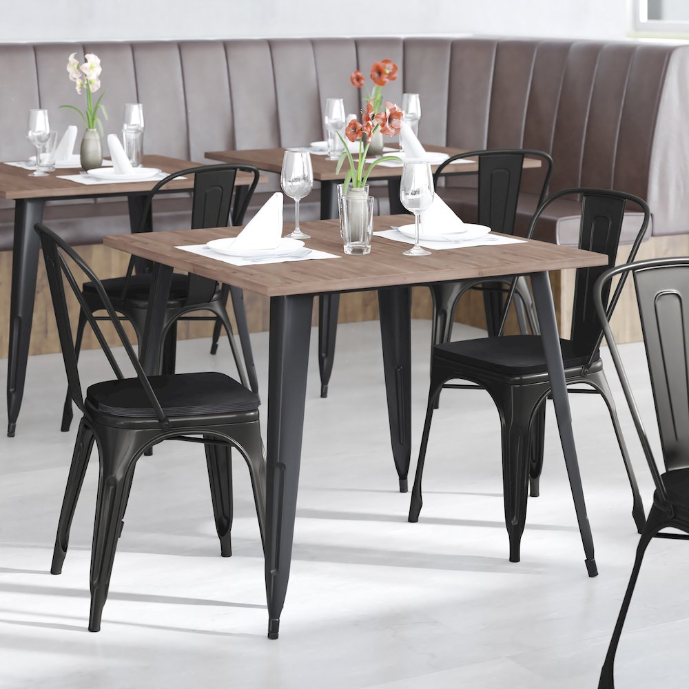 Black Metal Indoor-Outdoor Stackable Chair with Black Poly Resin Wood Seat