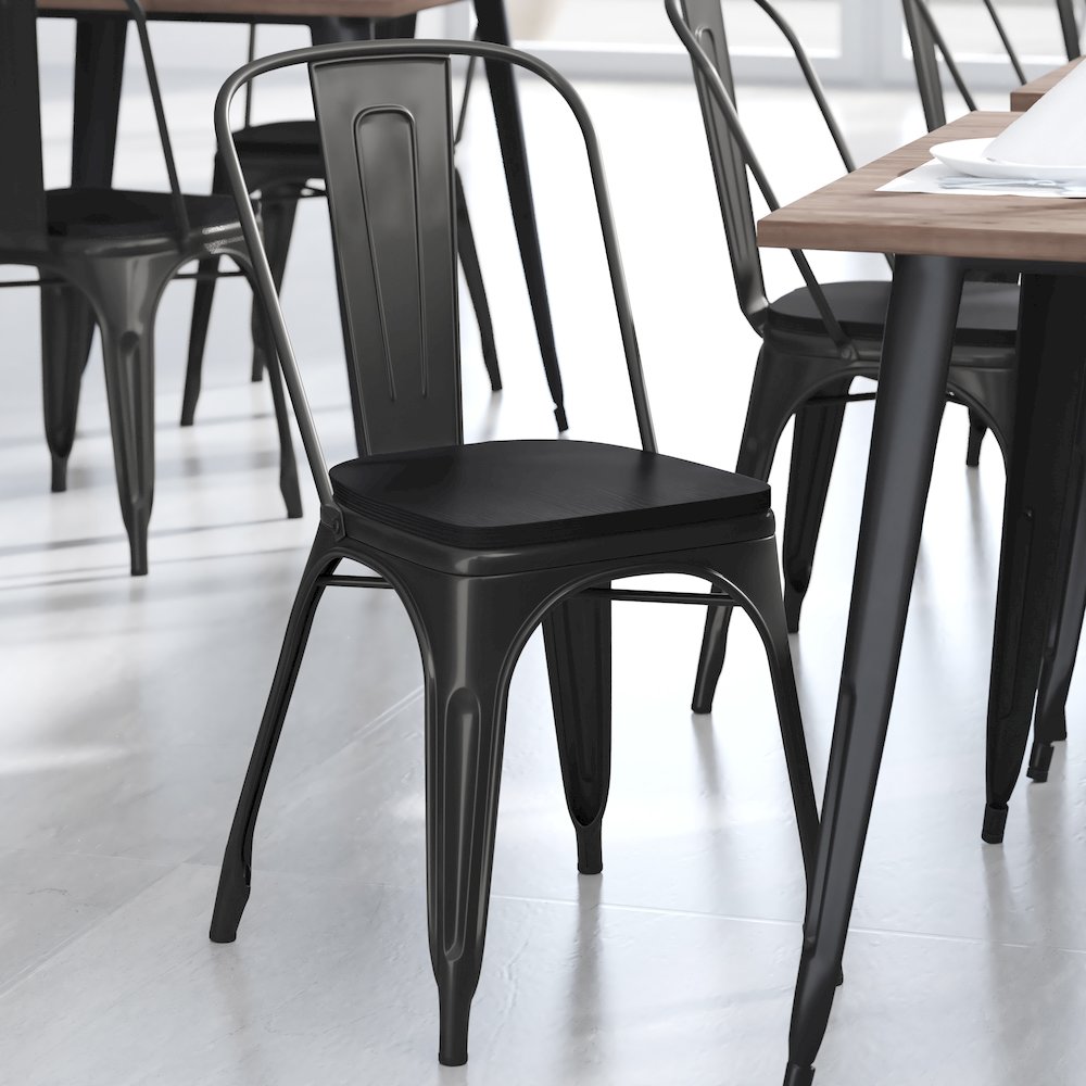 Black Metal Indoor-Outdoor Stackable Chair with Black Poly Resin Wood Seat
