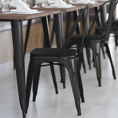 Black Metal Indoor-Outdoor Stackable Chair with Black Poly Resin Wood Seat