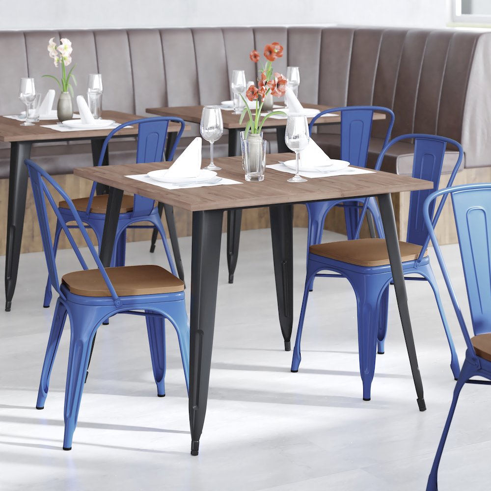 Blue Metal Indoor-Outdoor Stackable Chair with Teak Poly Resin Wood Seat