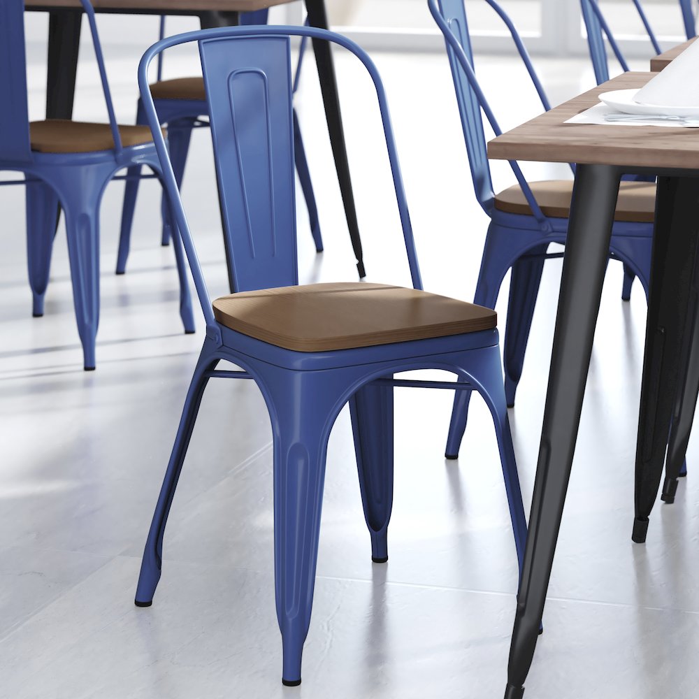 Blue Metal Indoor-Outdoor Stackable Chair with Teak Poly Resin Wood Seat