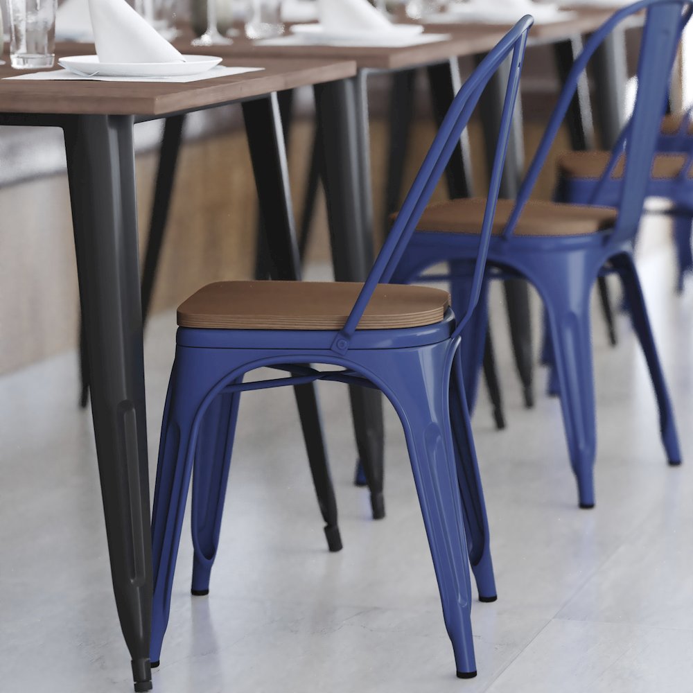Blue Metal Indoor-Outdoor Stackable Chair with Teak Poly Resin Wood Seat