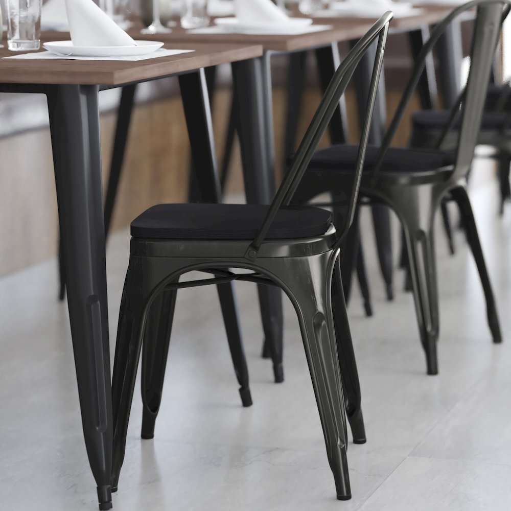Black-Antique Gold Metal Indoor-Stackable Chair with Black Poly Resin Wood Seat