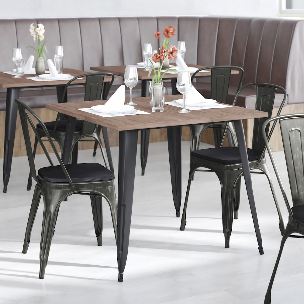 Black-Antique Gold Metal Indoor-Stackable Chair with Black Poly Resin Wood Seat