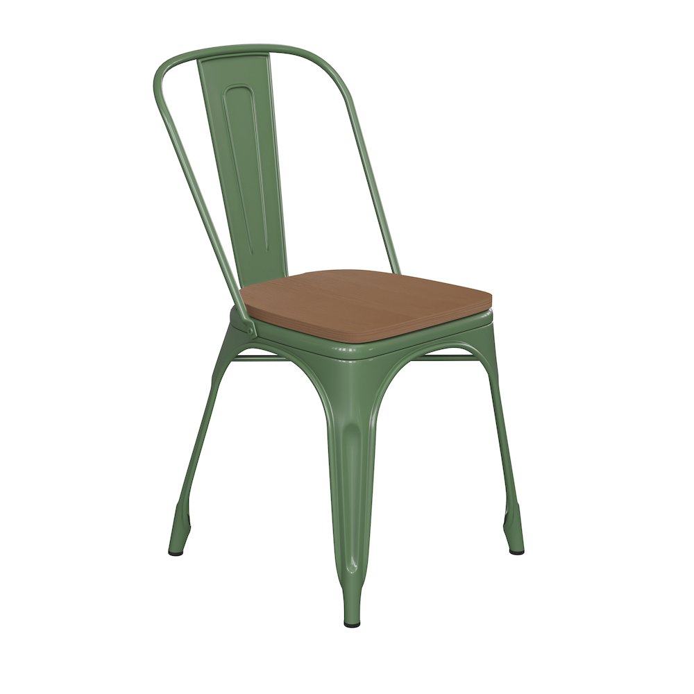 Green Metal Indoor-Outdoor Stackable Chair with Teak Poly Resin Wood Seat