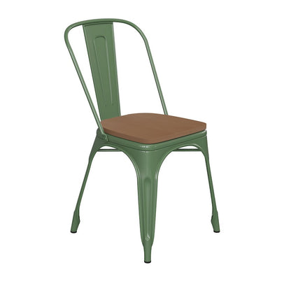 Green Metal Indoor-Outdoor Stackable Chair with Teak Poly Resin Wood Seat
