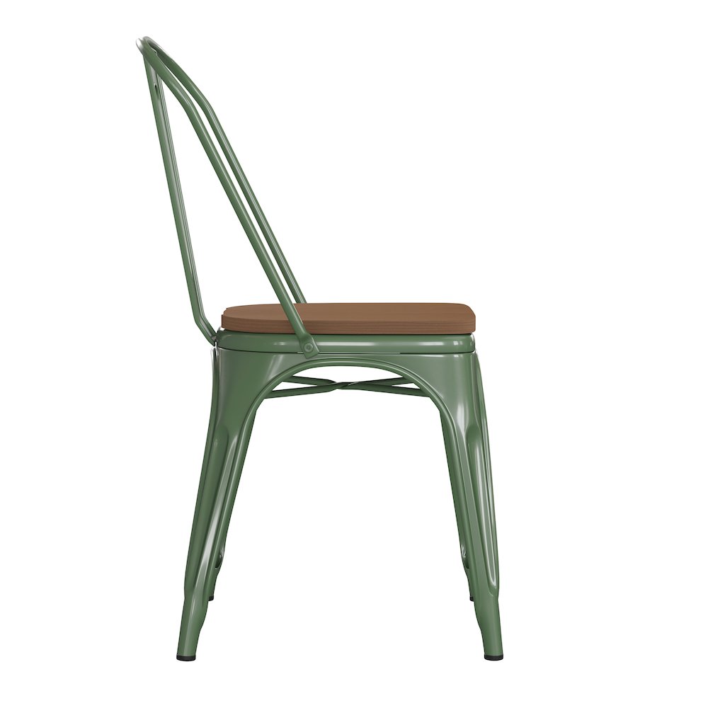 Green Metal Indoor-Outdoor Stackable Chair with Teak Poly Resin Wood Seat
