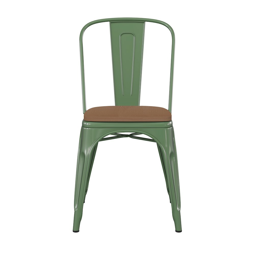 Green Metal Indoor-Outdoor Stackable Chair with Teak Poly Resin Wood Seat