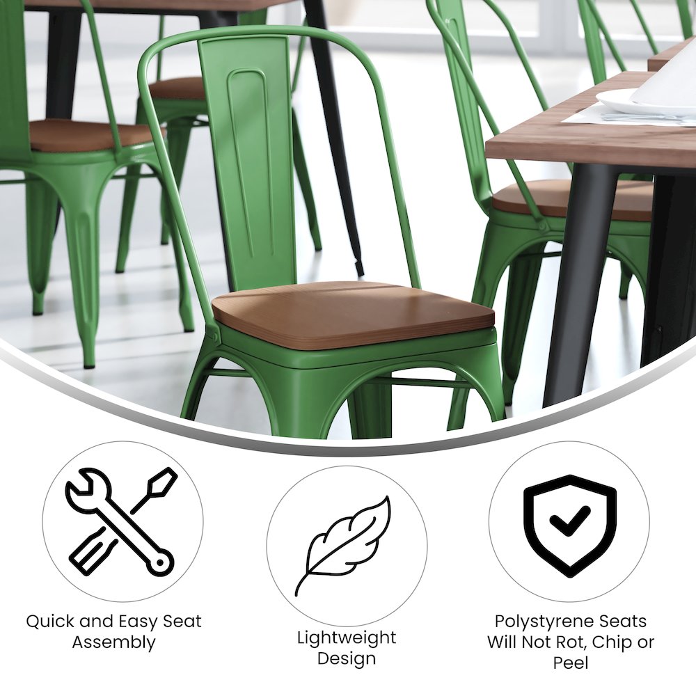 Green Metal Indoor-Outdoor Stackable Chair with Teak Poly Resin Wood Seat