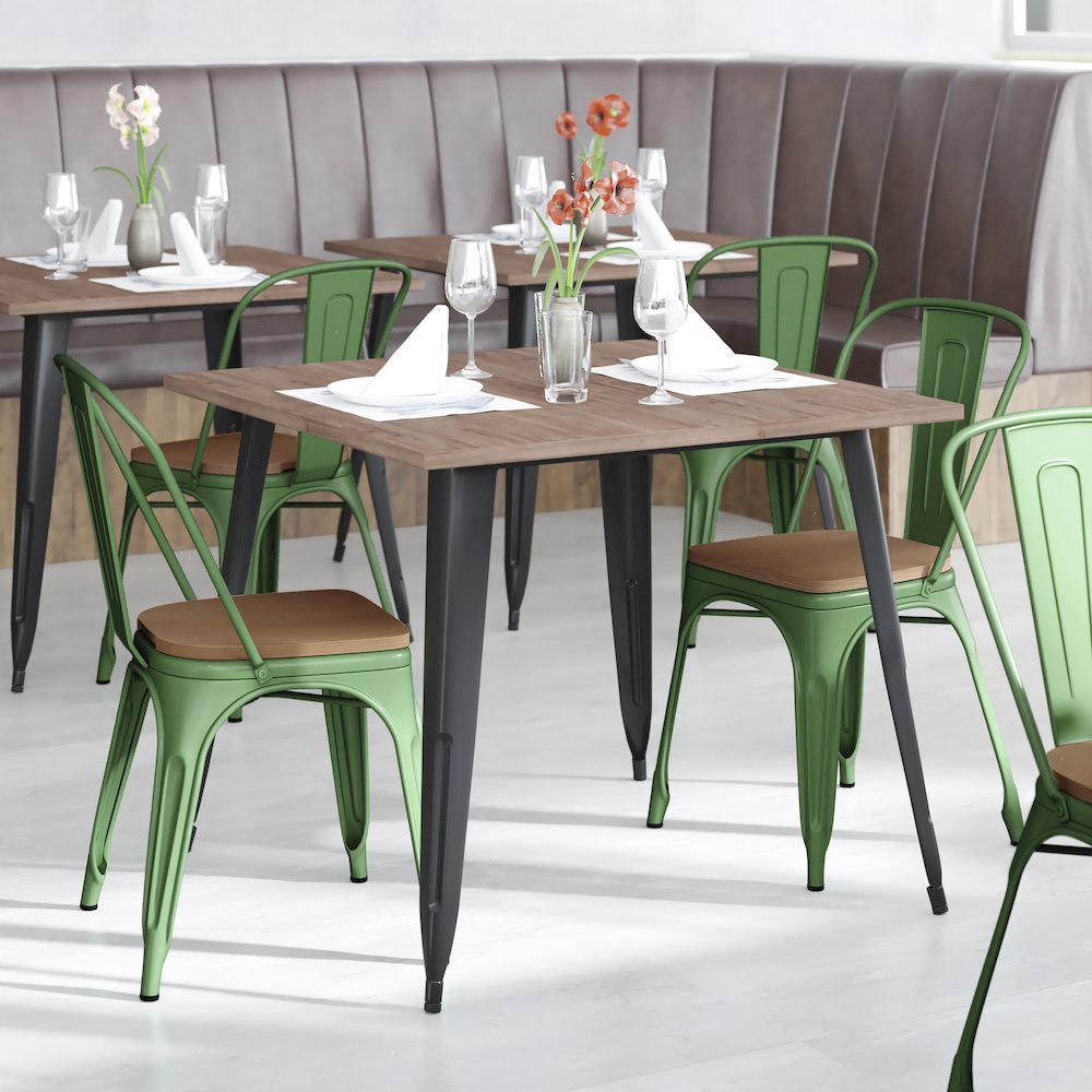 Green Metal Indoor-Outdoor Stackable Chair with Teak Poly Resin Wood Seat