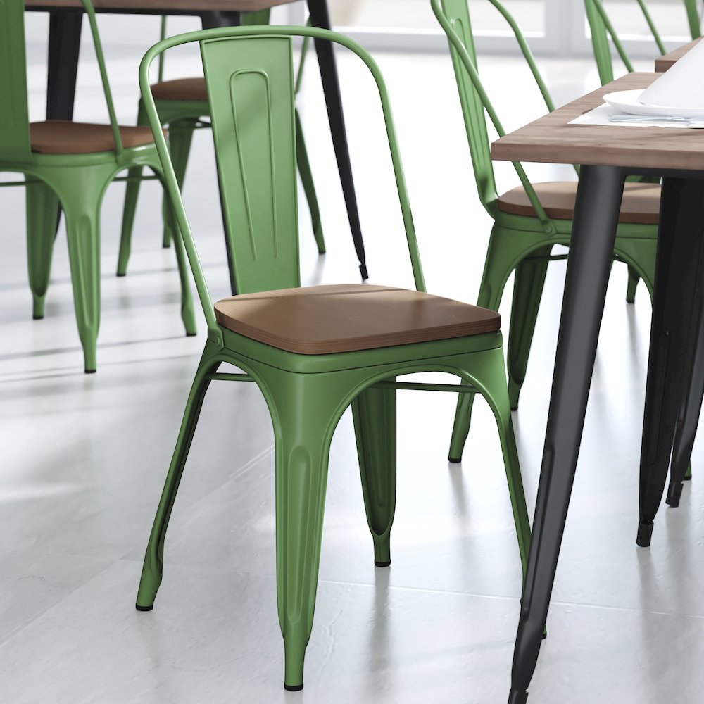 Green Metal Indoor-Outdoor Stackable Chair with Teak Poly Resin Wood Seat